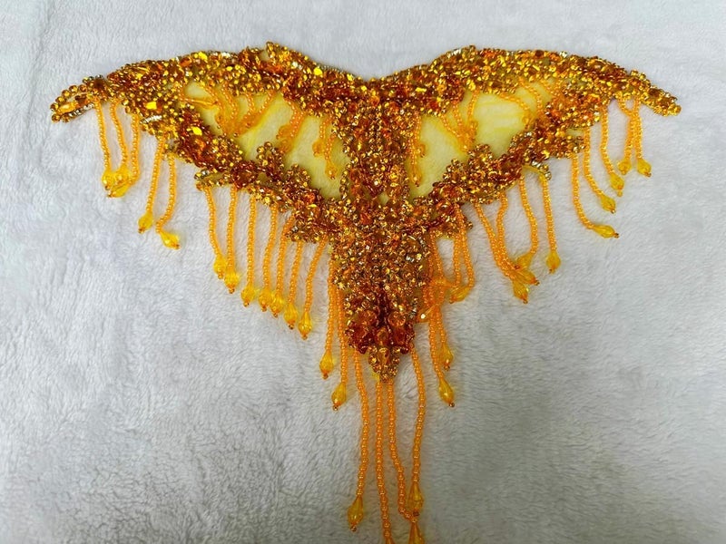 MOPISVN Handmade Crystal on lace Applique Sewing Rhinestones Fringe Beads Sequins Patches Trim Luxury Decoration Accessories for Wedding Dress 17X12.5inches (Gold) - Image 4